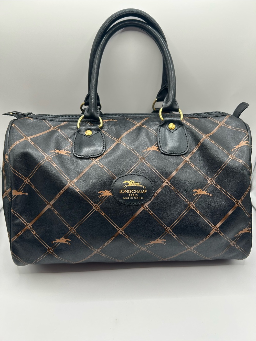 Longchamp Vintage Patterned Leather Boston Black and Brown